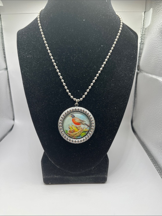 Jewelry - Silver-Tone Bird Pendant Necklace with Orange & Blue Bird Motif -
